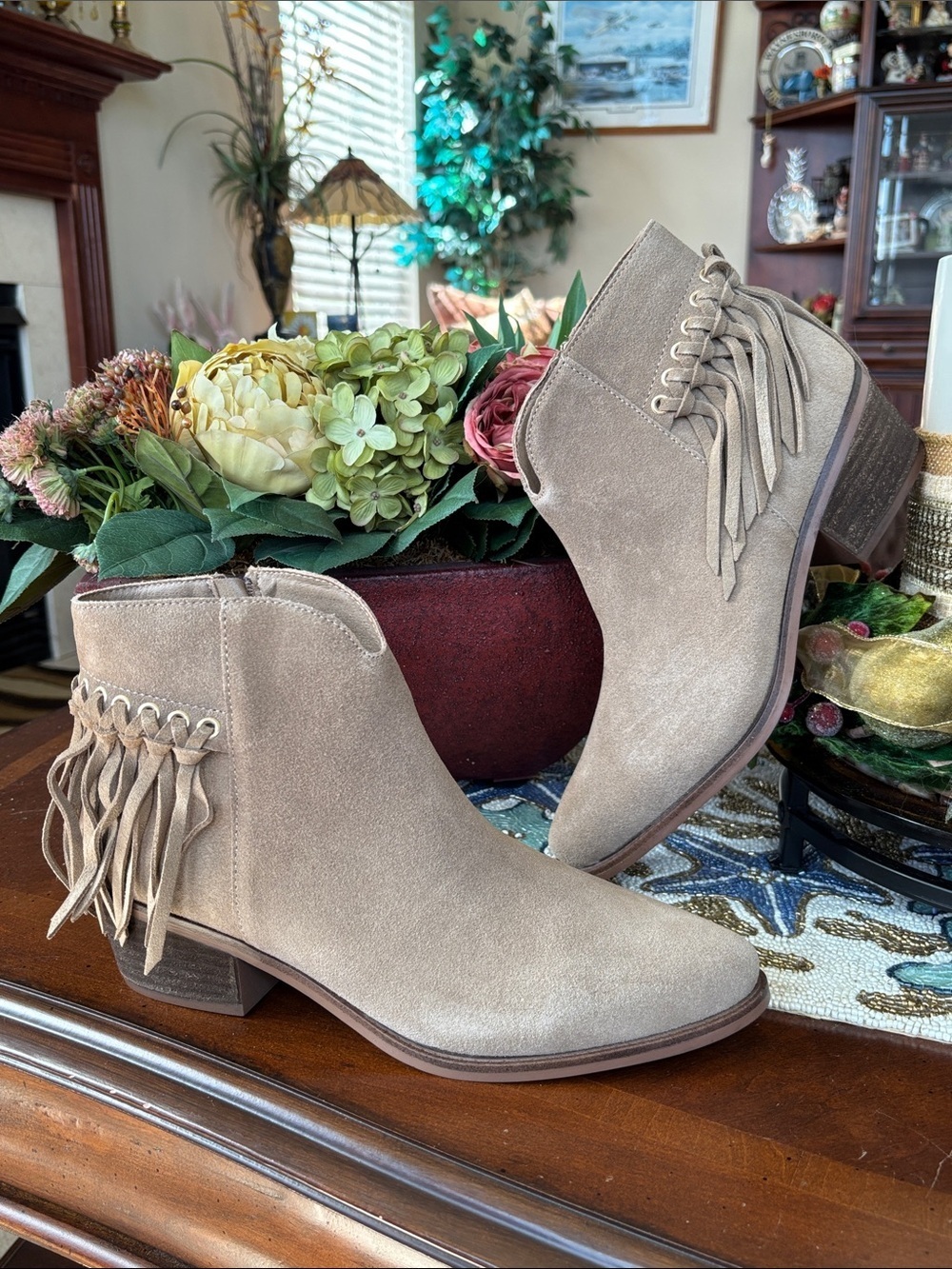 Michael Shannon Taupe Suede Fringe Ankle Booties Nala Western Boots Stacked Heel